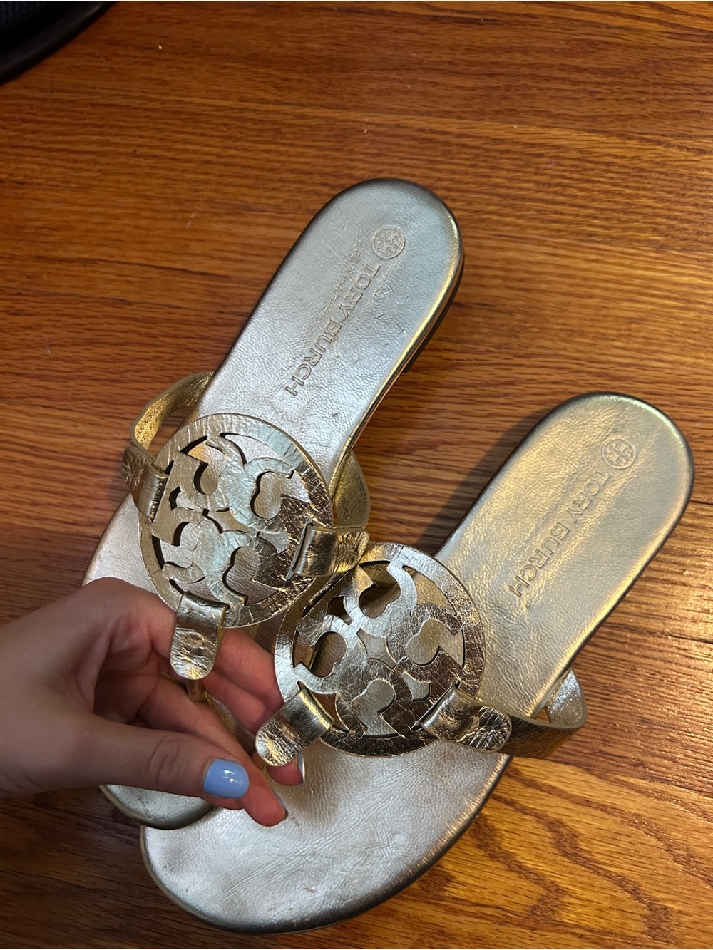 Tory Burch Metallic Gold Logo Thong Sandals